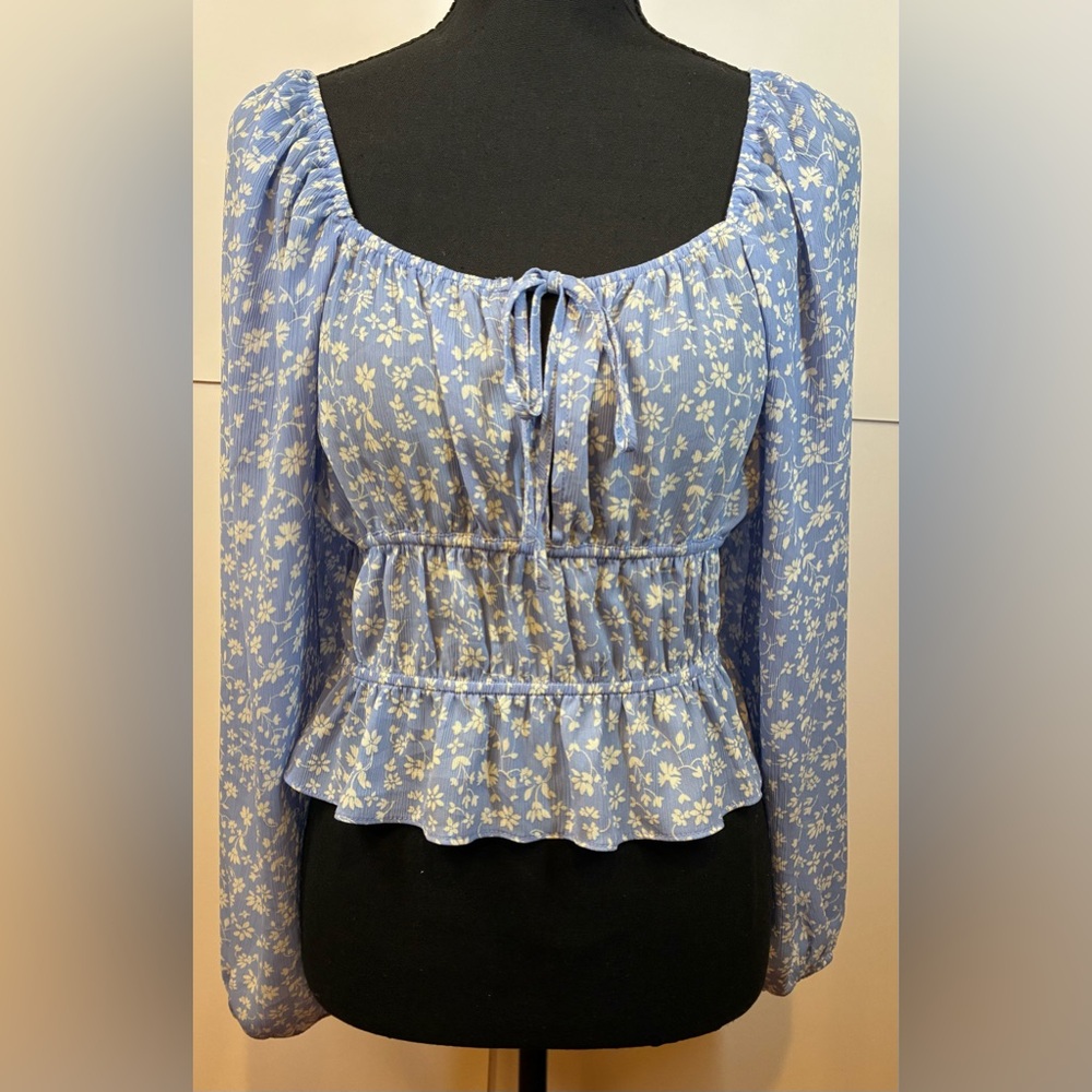 H&M Blue Floral Cropped Peasant Top Balloon Sleeve Boho Medium